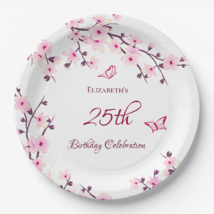 Assiettes En Carton Cherry Blossom Rose Blanc Personnalisé Anniversair