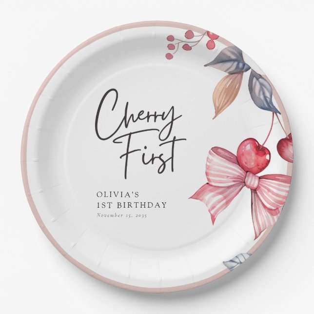 Assiettes En Carton Cherry First Pink Bow Coquette 1er Anniversaire (Devant)