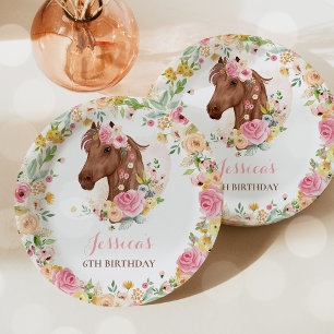 Assiettes En Carton Cheval Anniversaire Fête Cowgirl rose Floral Anniv