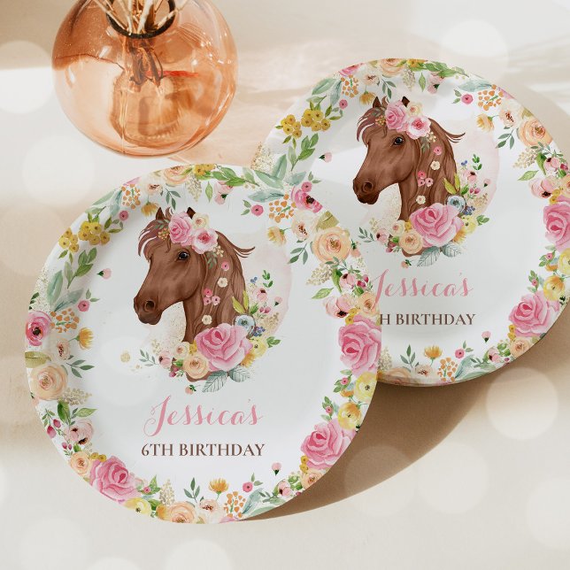 Assiettes En Carton Cheval Anniversaire Fête Cowgirl rose Floral Anniv (Créateur téléchargé)