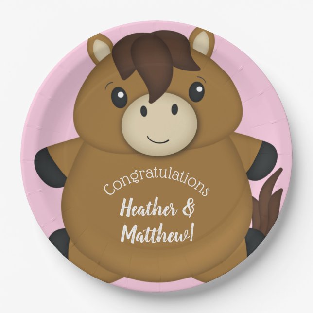 Assiettes En Carton Cheval Baby shower fille rose (Devant)