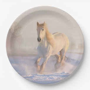 Assiettes En Carton cheval blanc dans la neige