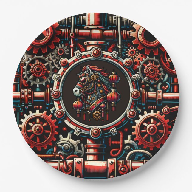 Assiettes En Carton Cheval chinois de Nouvel An Steampunk (Devant)