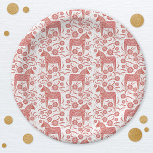 Assiettes En Carton Cheval de Dala suédois Rouge et blanc