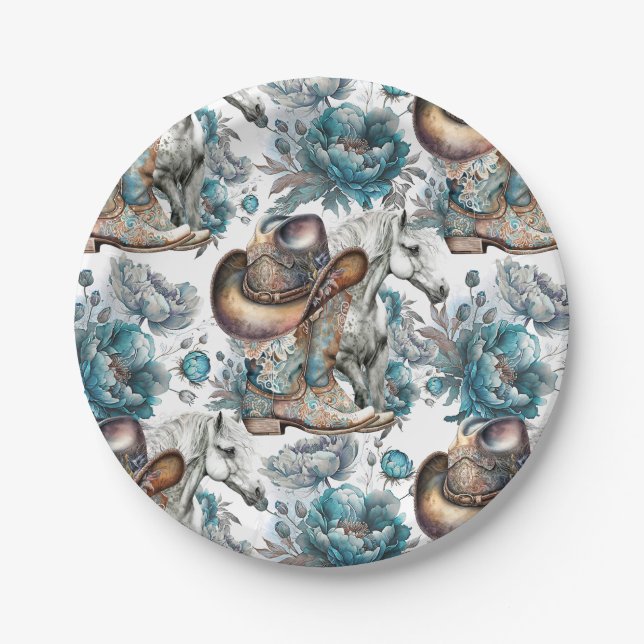 Assiettes En Carton Cheval fille cowgirl motif floral turquoise (Devant)