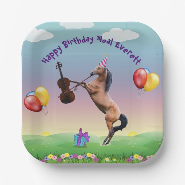 Assiettes En Carton Cheval Jouant Le Violon Anniversaire (Recto)
