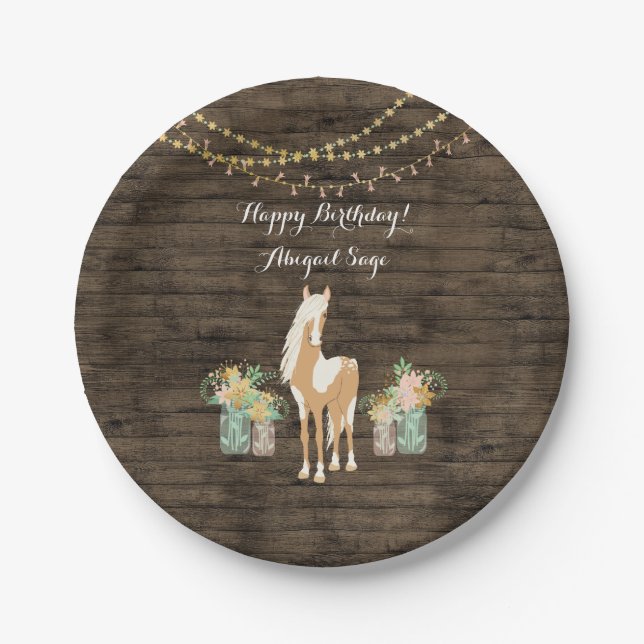 Assiettes En Carton Cheval personnalisé, Fleurs Bois rustique Annivers (Devant)