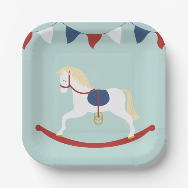 Assiettes En Carton Cheval rouge et bleu Rocking (Recto)