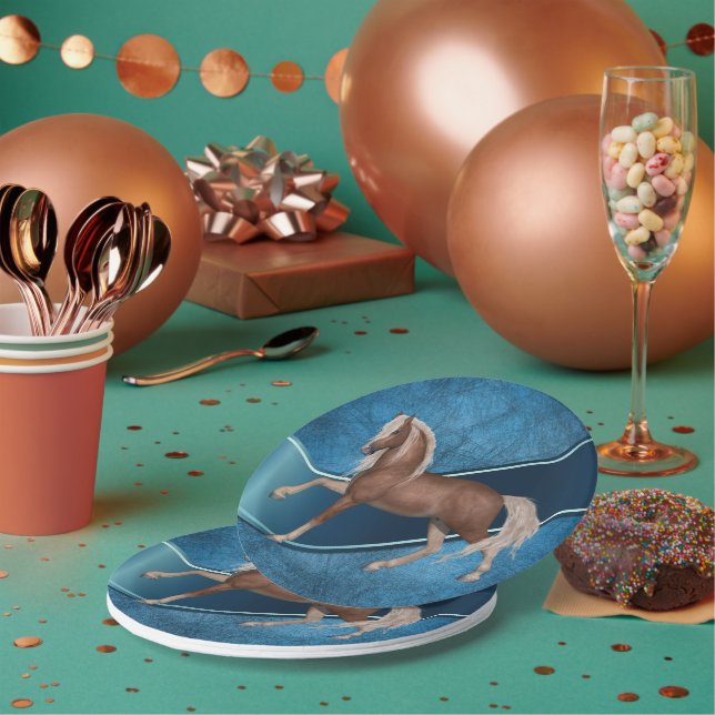 Assiettes En Carton Cheval Western Party sur Arrière - plan bleu (Multi)