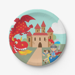Assiettes En Carton Chevalier d'équitation et dragon de vol rouge