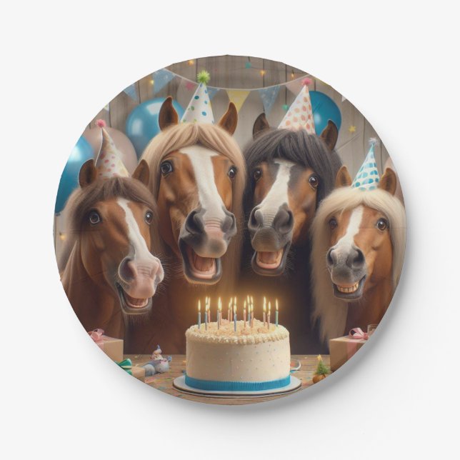 Assiettes En Carton Chevaux célébrant l'anniversaire avec gâteau et as (Devant)