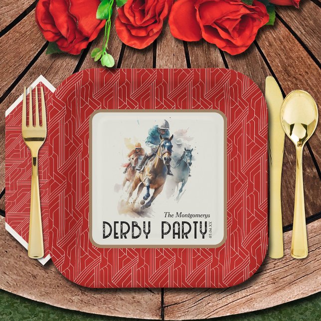 Assiettes En Carton Chevaux de course Derby Party Carré rouge (Square paper plates and matching napkins sold separately. (Silverware not sold.))