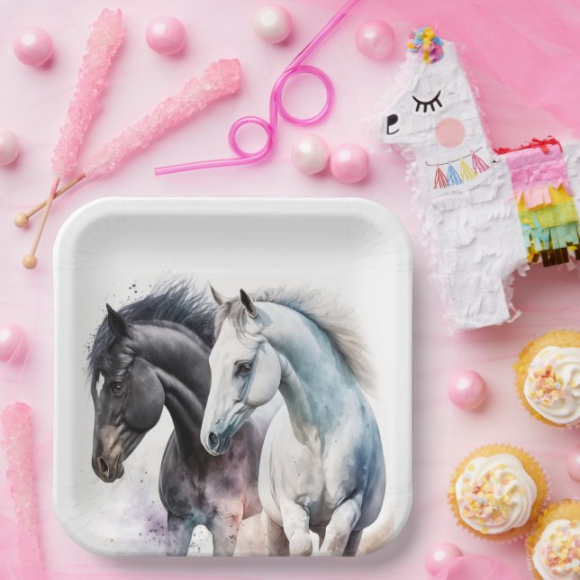 Assiettes En Carton Chevaux noir et blanc en aquarelle (Fête)