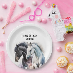 Assiettes En Carton Chevaux noir et blanc en aquarelle Anniversaire