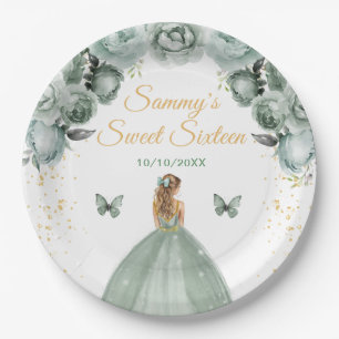 Assiettes En Carton Cheveux Blonds Vert Sauge Princesse Sweet Seize