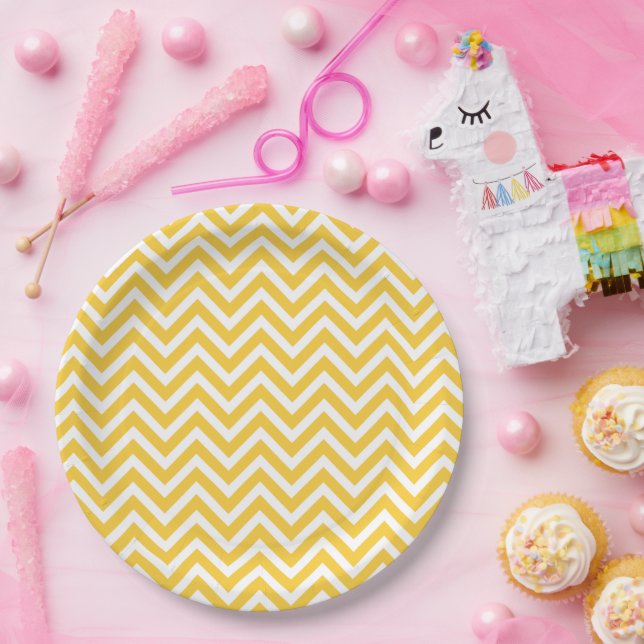 Assiettes En Carton Chevron jaune et blanc (Fête)