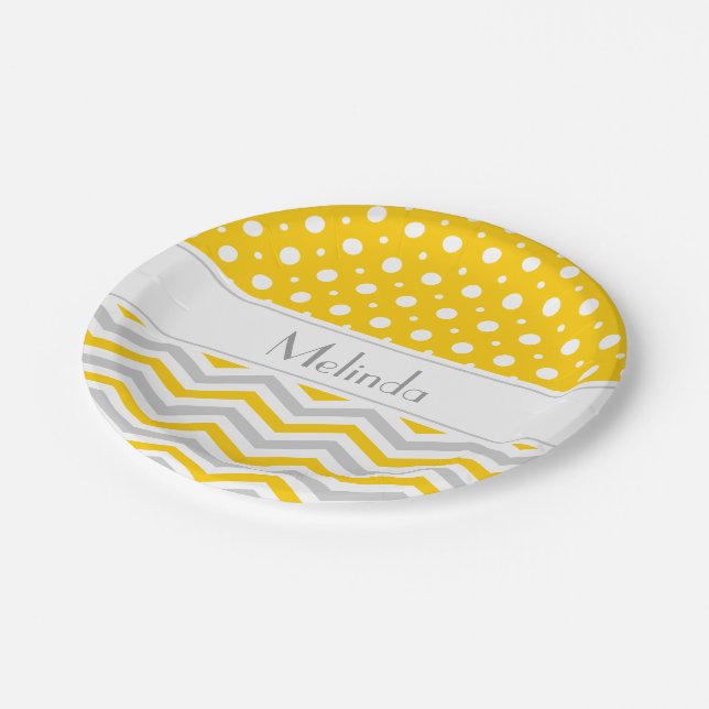 Assiettes En Carton Chevron & pois modernes jaune, gris, blanc (Angle)