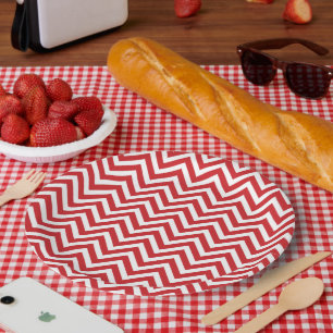 Assiettes En Carton Chevron rouge et blanc