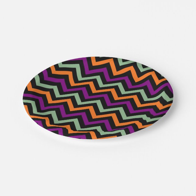 Assiettes En Carton Chevron vertical citrouille, violet, vert et noir (Angle)