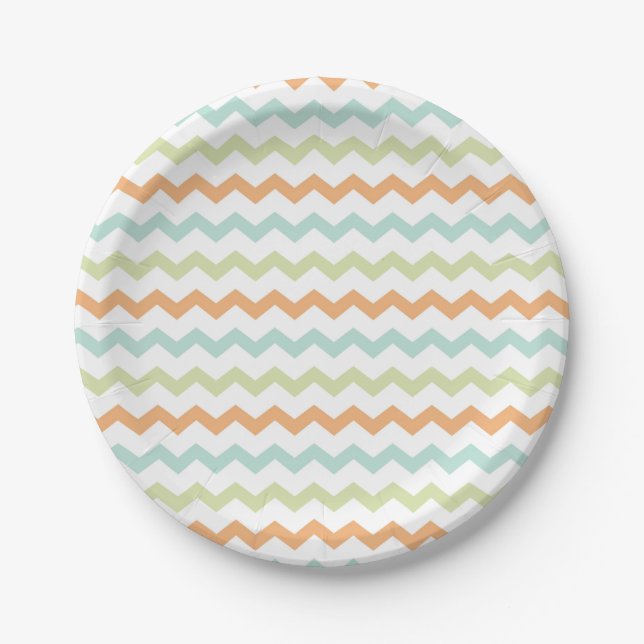 Assiettes En Carton Chevron Zig Zag Turquoise bleu vert orange (Devant)