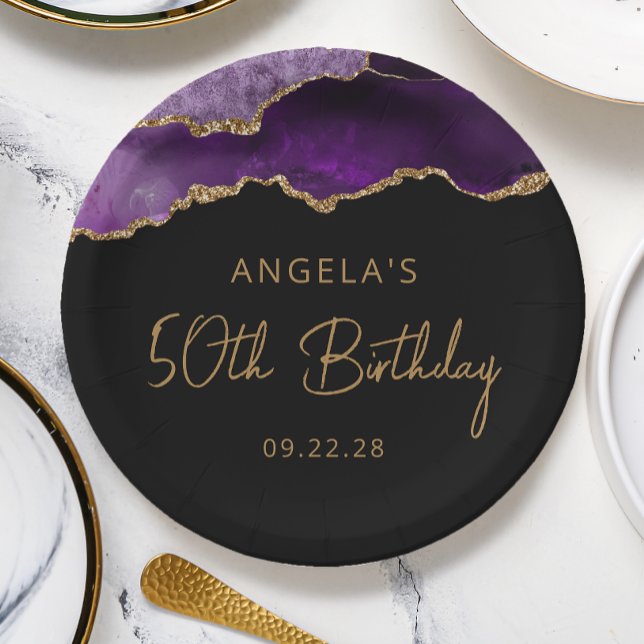 Assiettes En Carton Chic Agate Purple Gold 50e fête d'anniversaire (Créateur téléchargé)
