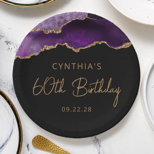 Assiettes En Carton Chic Agate Purple Gold 60e fête d'anniversaire (Créateur téléchargé)