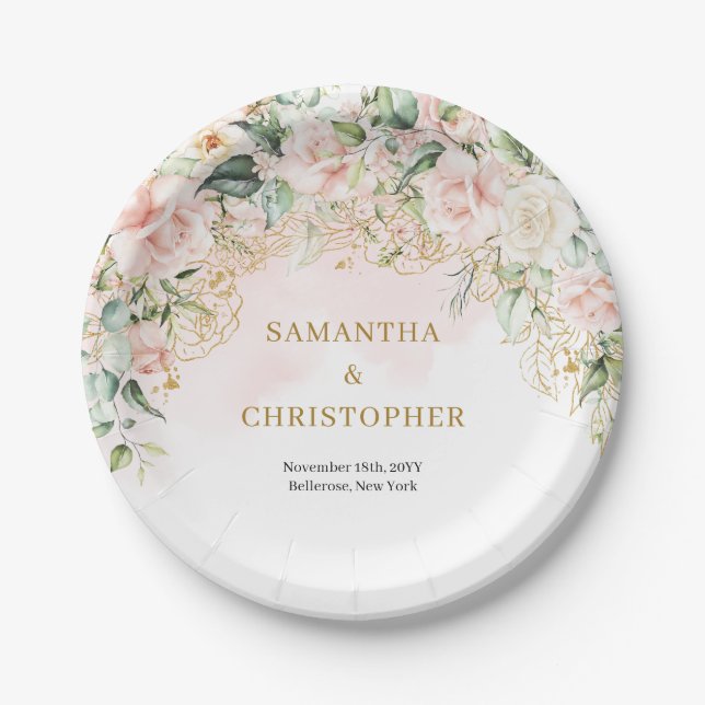 Assiettes En Carton Chic aquarelle bleu fleurs eucalyptus mariage (Devant)