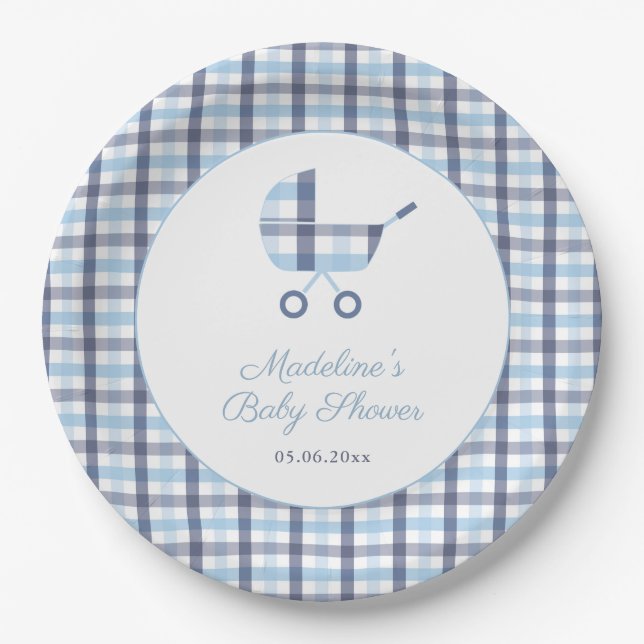 Assiettes En Carton Chic Bleu Blanc Check Buggy Boy Baby shower Party (Devant)