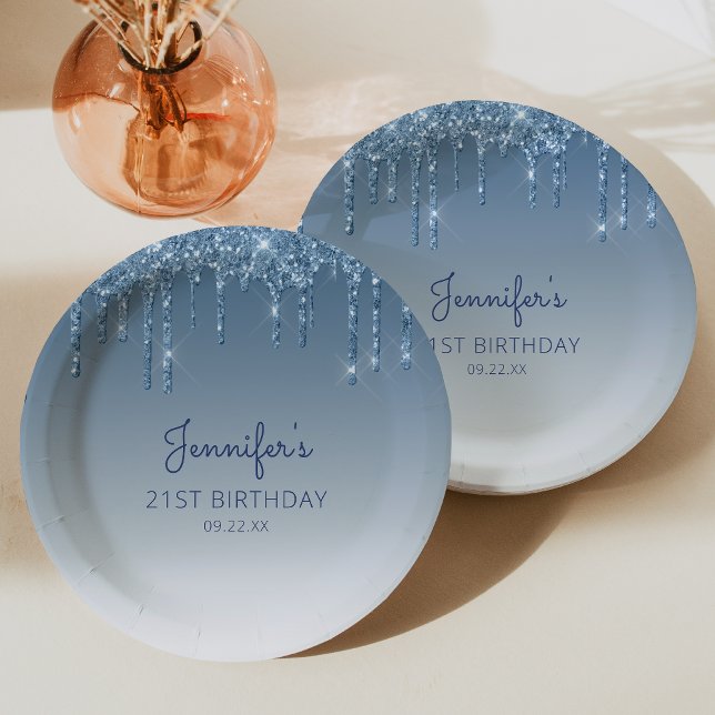 Assiettes En Carton Chic Blue Parties scintillant Drip 21e fête d'anni (Créateur téléchargé)