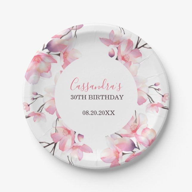 Assiettes En Carton Chic Blush rose cerisier Fleur Botanique Anniversa (Devant)
