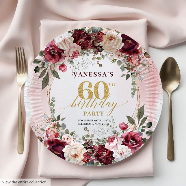 Assiettes En Carton Chic Bohème Fantaisiste Bourgogne Eucalyptus Or 60 (Whimsical Boho Burgundy Eucalyptus Gold 60th Plates)