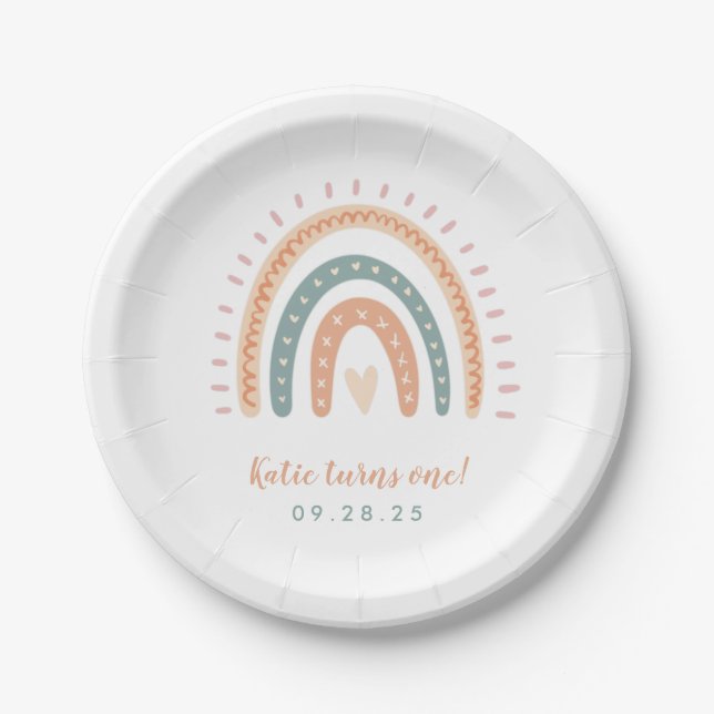 Assiettes En Carton Chic Boho Rainbow Pastel Premier Anniversaire (Devant)