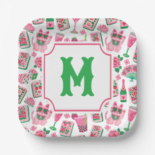 Assiettes En Carton Chic Caprice Rose & Vert Mahjong Soirée Monogramme