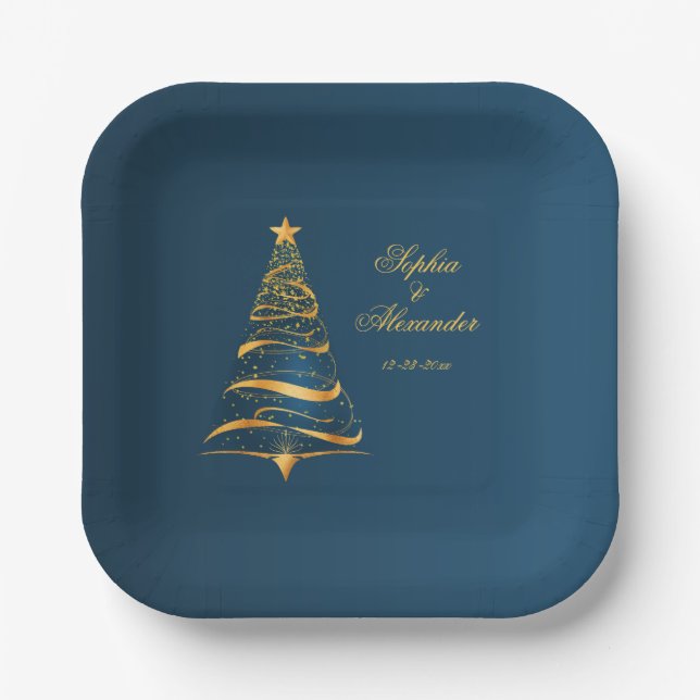 Assiettes En Carton Chic élégant Mariage d'arbre de Noël doré (Recto)
