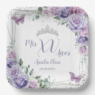 Assiettes En Carton Chic Fleur de Lilas Violet Papillons Quinceañera