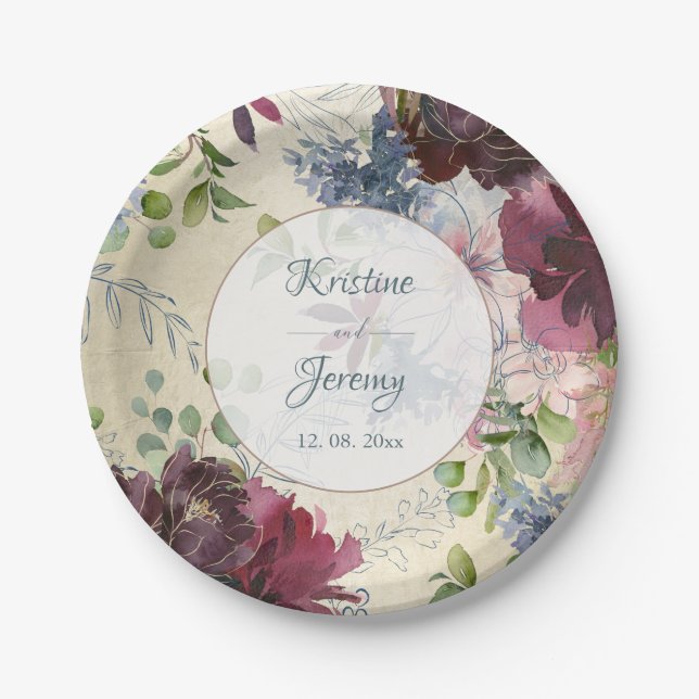 Assiettes En Carton Chic Fleur Rouge Rose Aquarelle Or (Devant)