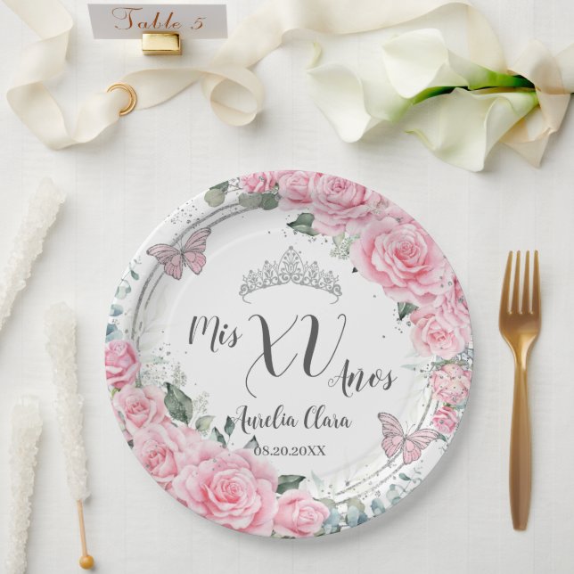 Assiettes En Carton Chic Fleurs Roses Papillons Argent Quinceañera XV (Mariage)