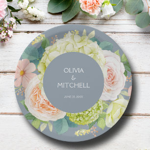 Assiettes En Carton Chic Floraux Aquarelles Mariage bleu Dusty