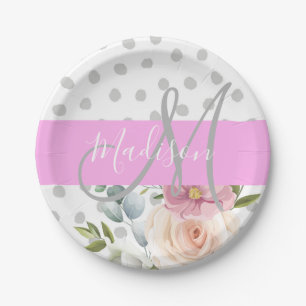 Assiettes En Carton Chic & Girl Floral White Pink Gray Nom du monogram