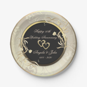 Assiettes En Carton Chic Gold Flowers Coeurs 50e anniversaire Mariage