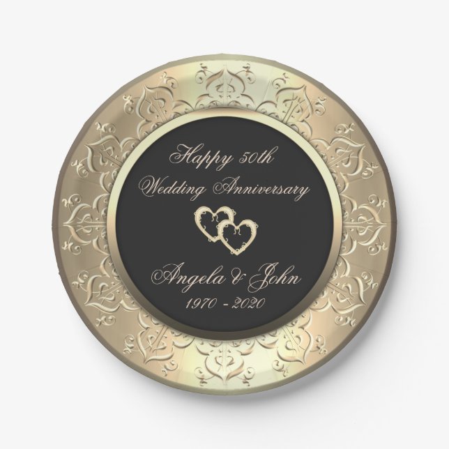Assiettes En Carton Chic Gold Swirls Coeurs 50ème anniversaire Mariage (Devant)