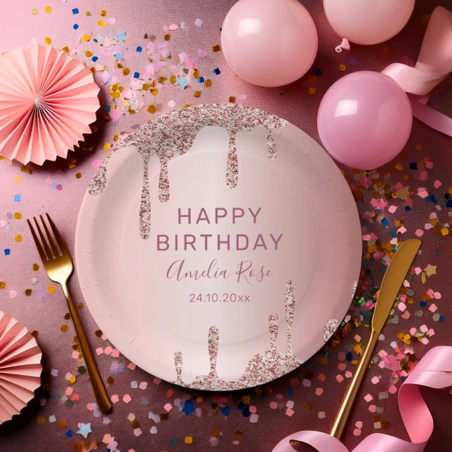 Assiettes En Carton Chic Joyeux Anniversaire Rose Parties scintillant  (Créateur téléchargé)