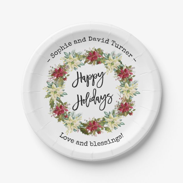 Assiettes En Carton Chic Joyeux Vacances Script Poinsettia Monogramme (Devant)