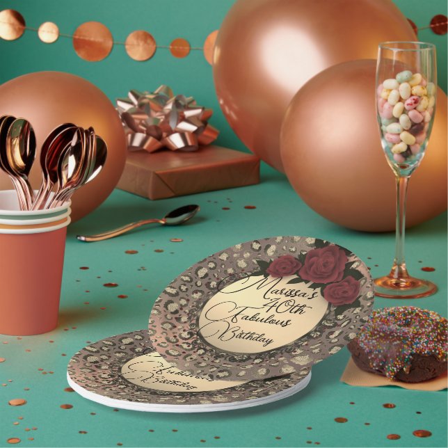Assiettes En Carton Chic Leopard Rose Fabuleux 40e Anniversaire Papier (Multi)