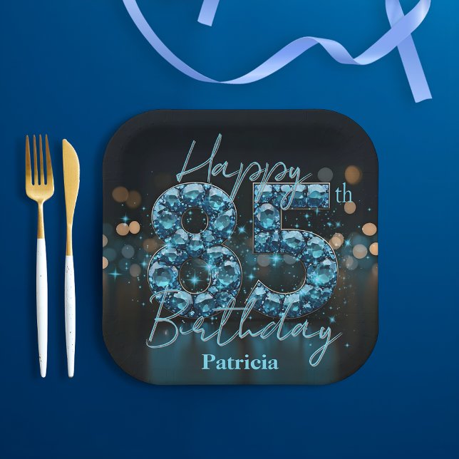 Assiettes En Carton Chic Luxury Sapphire Bleu et Noir 85e anniversaire (Créateur téléchargé)