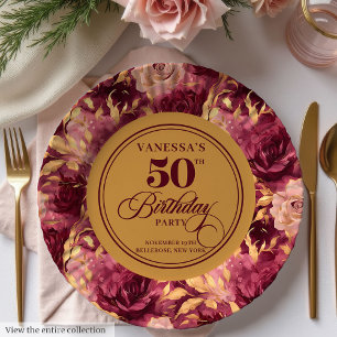 Assiettes En Carton Chic Marsala Fleurs Gold Blush 50ème Anniversaire