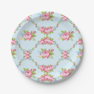 Assiettes En Carton Chic minable, bleu layette, roses rouges,
