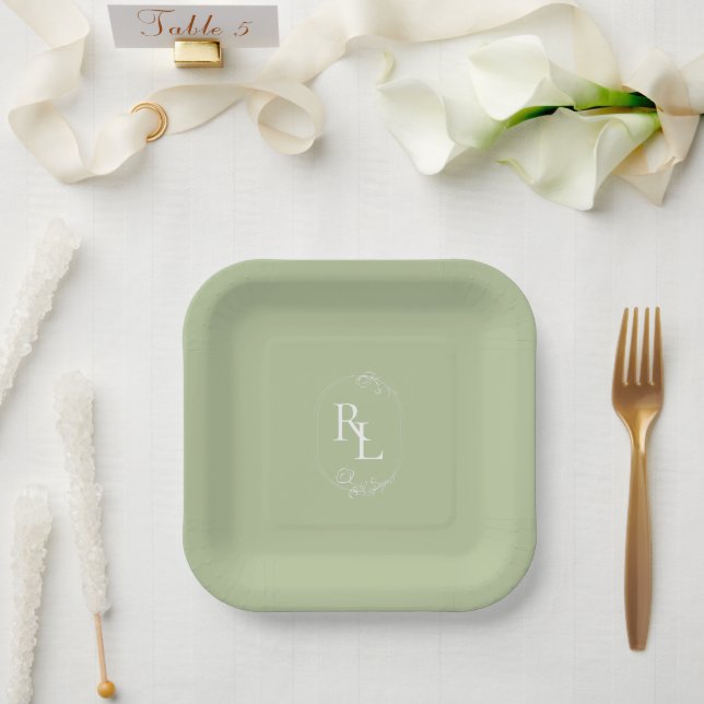 Assiettes En Carton Chic Mint Green Couple Monogram Mariage (Mariage)
