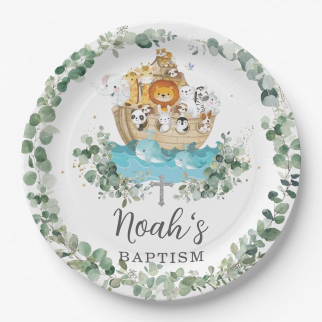 Assiettes En Carton Chic Noah's Ark Greenery Baptême Christening (Devant)