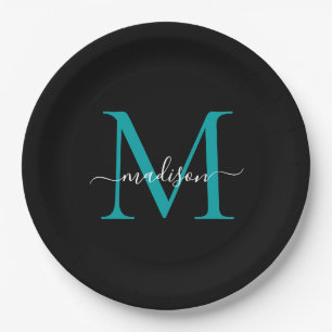 Assiettes En Carton Chic Noir Vert sarcelle Monogramme Moderne Écritur